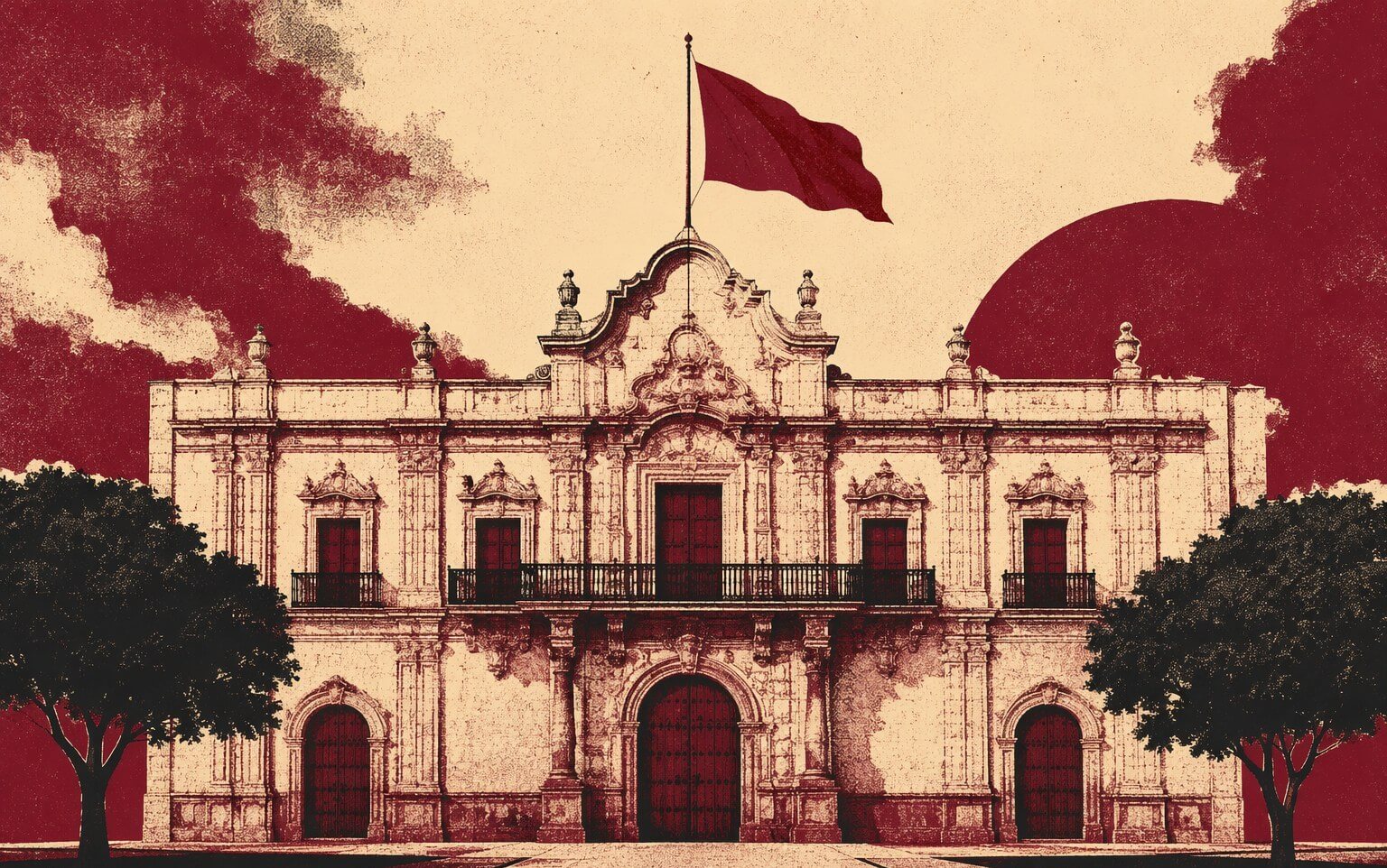 Ilustración editorial de la fachada de un palacio municipal mexicano