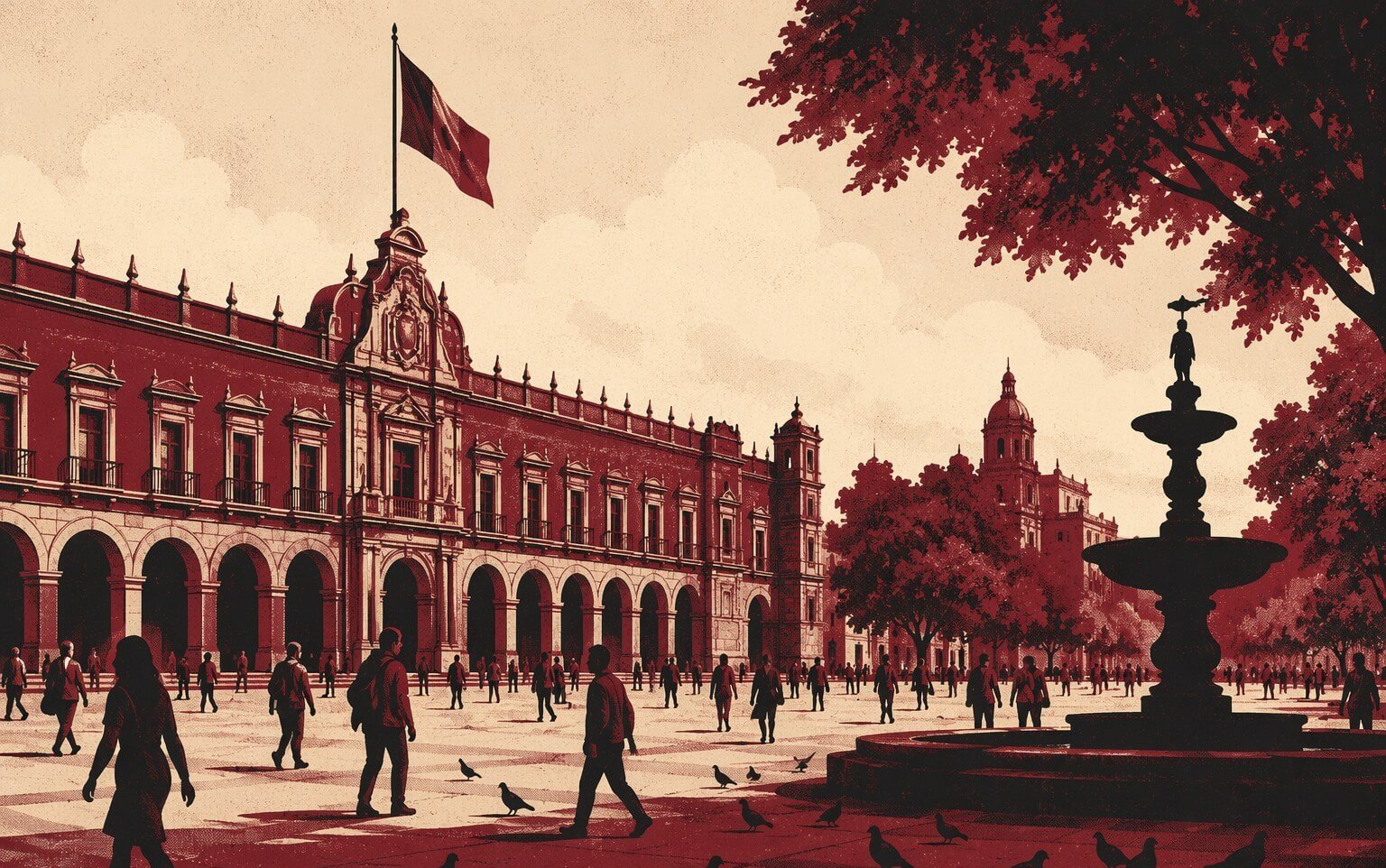 Ilustración editorial de la plaza cívica y el palacio de gobierno de Cuernavaca