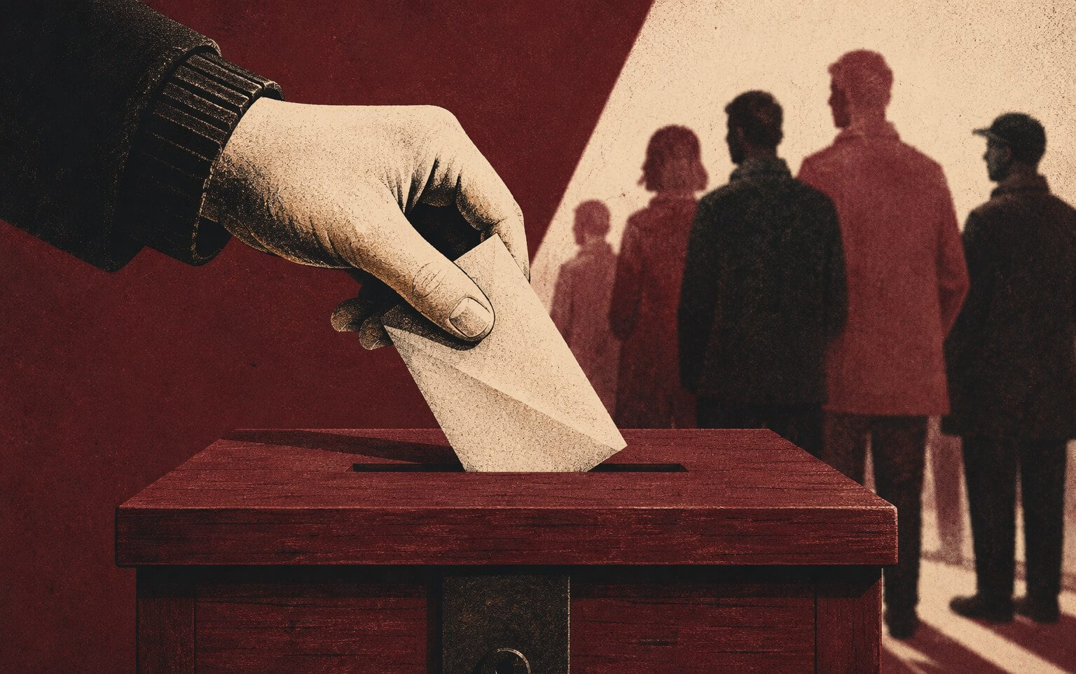 Ilustración editorial de una mano depositando un voto en una urna electoral