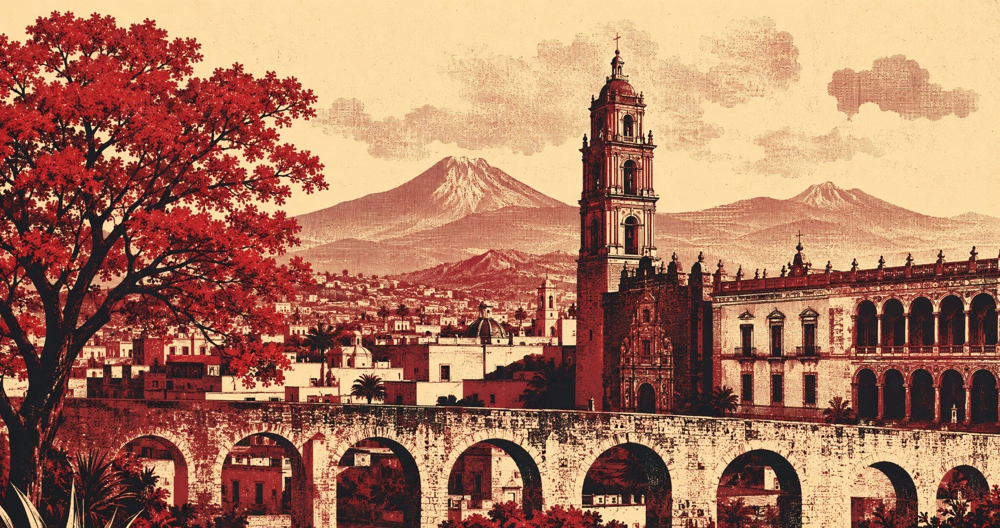 Ilustración editorial del horizonte de Cuernavaca con su catedral, el acueducto y los volcanes