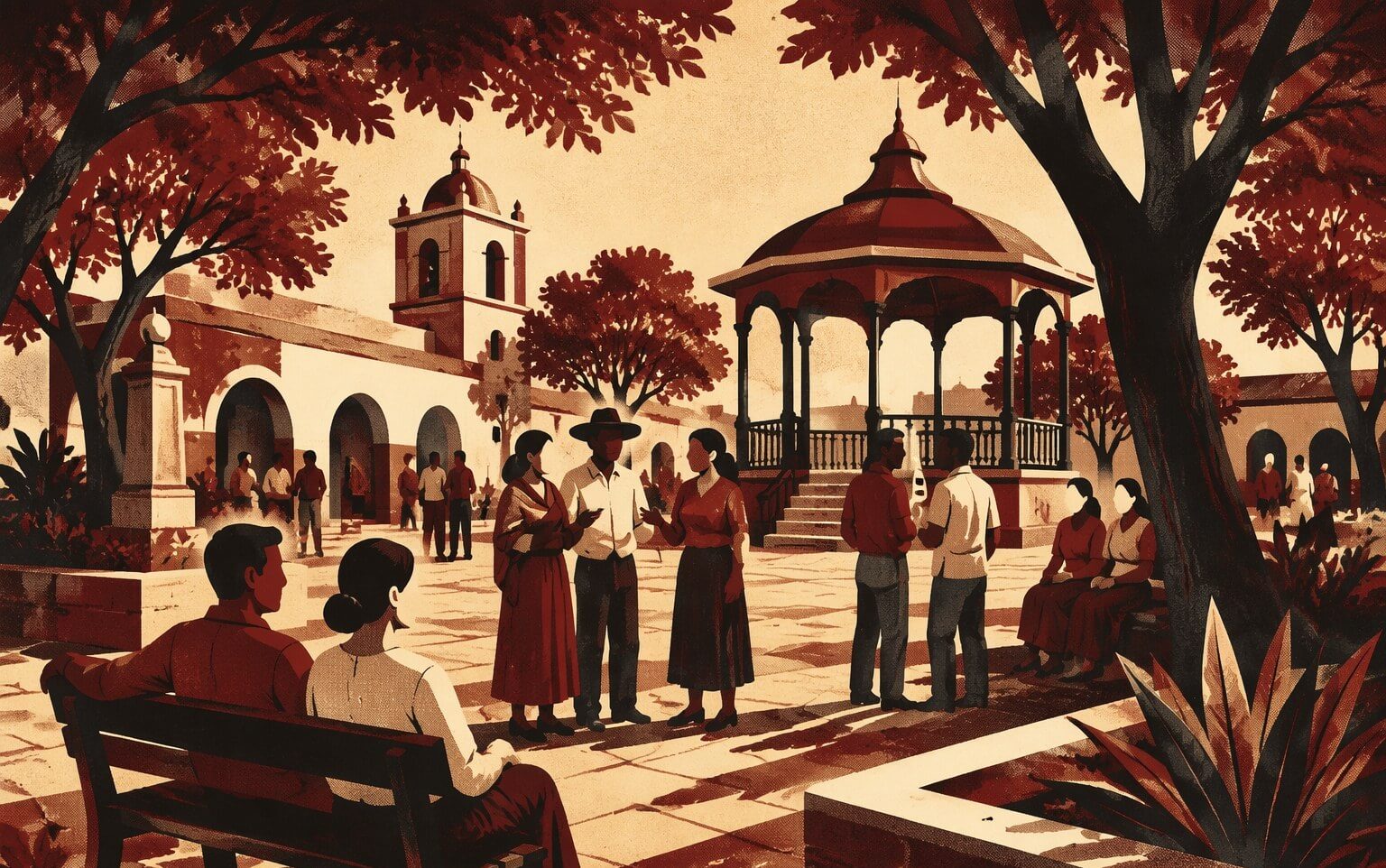 Ilustración editorial de una reunión comunitaria en una plaza arbolada