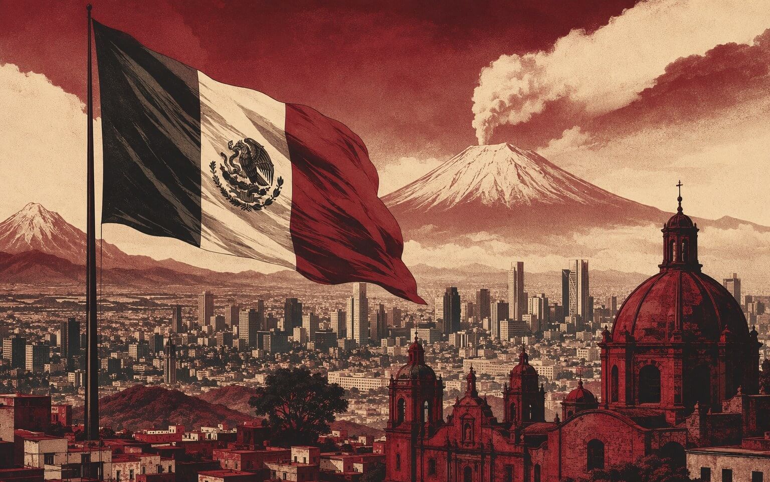 Ilustración editorial de una bandera monumental de México sobre un paisaje urbano con volcanes