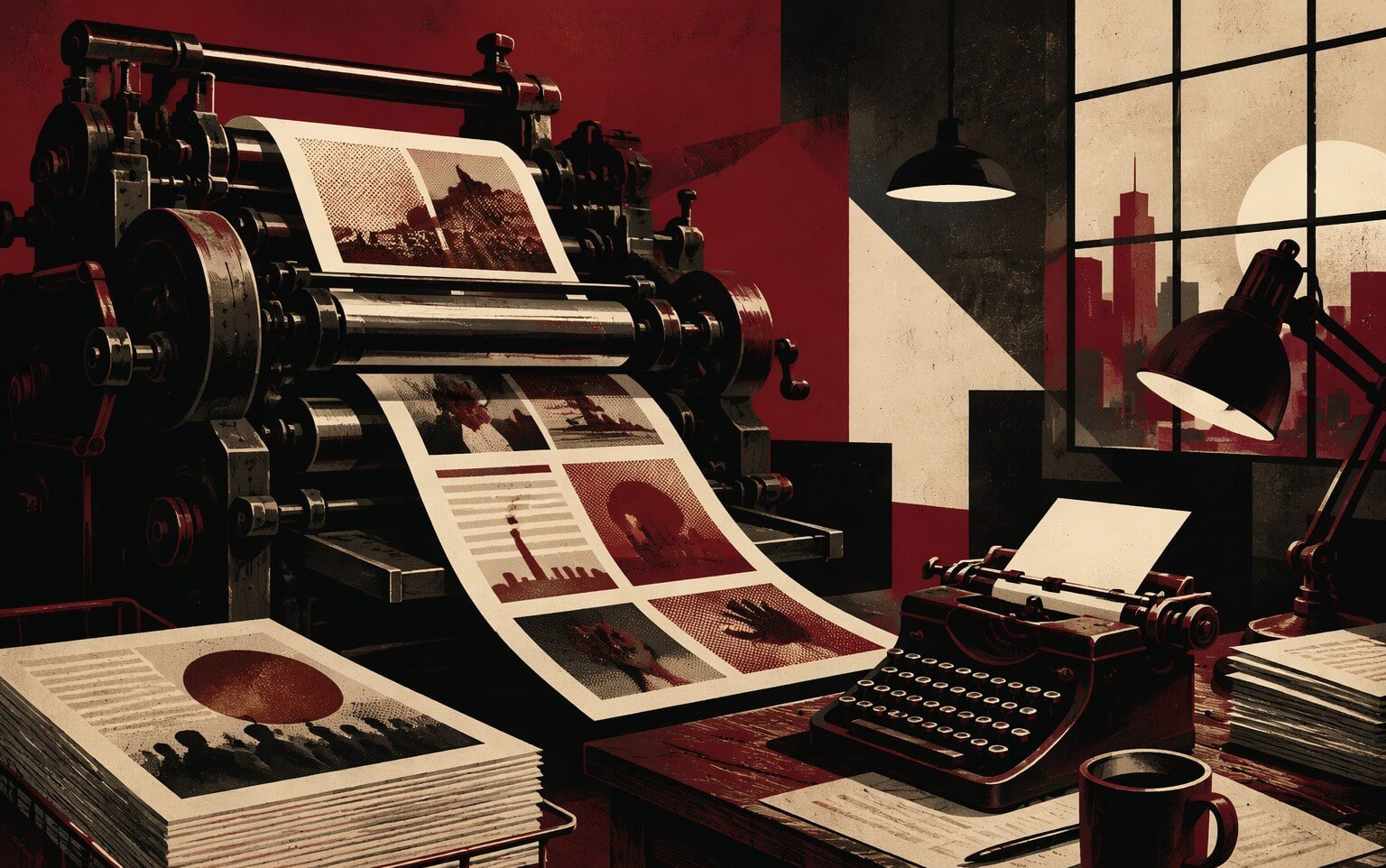 Ilustración editorial de una redacción periodística con imprenta y máquina de escribir