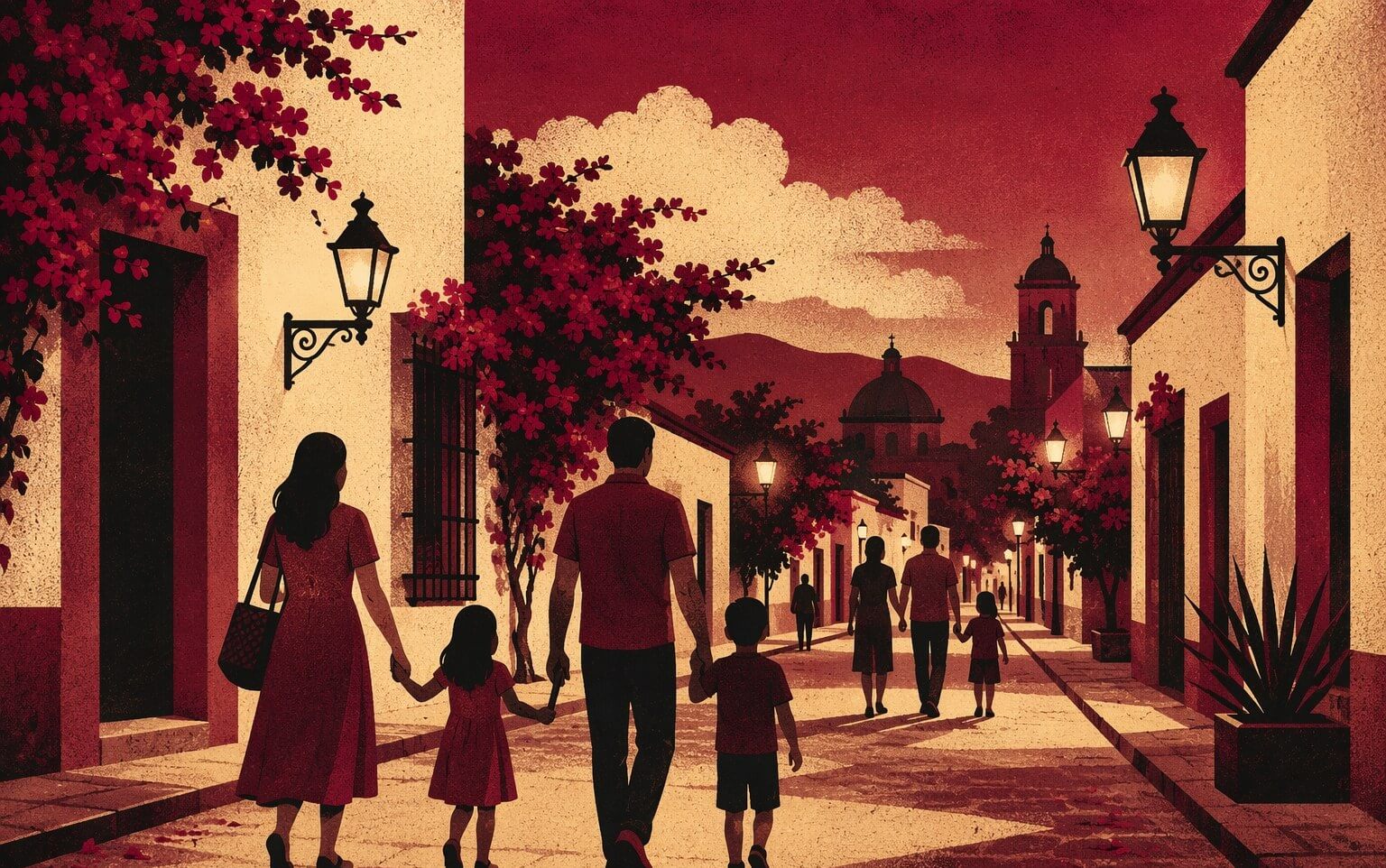 Ilustración editorial de una calle vecinal iluminada y segura al atardecer