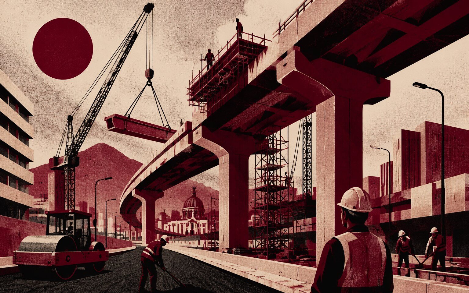 Ilustración editorial de obras de infraestructura urbana con grúas en una ciudad mexicana
